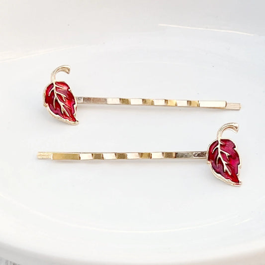 Red Enamel Leaf Hair Pins – Gold Autumn Botanical Hair Pins Set