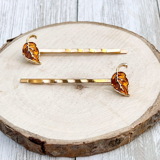 Amber Orange Enamel Leaf Hair Pins – Autumn Botanical Hair Pin Set