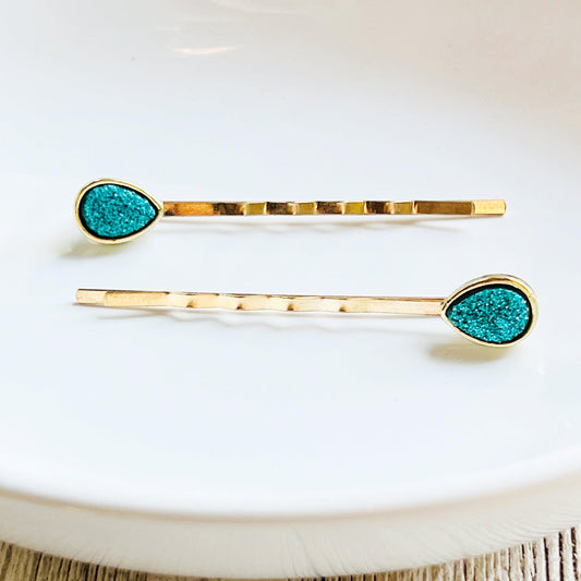 Green Druzy Teardrop Hair Pin Set - Elegant and Unique Hair Accessories