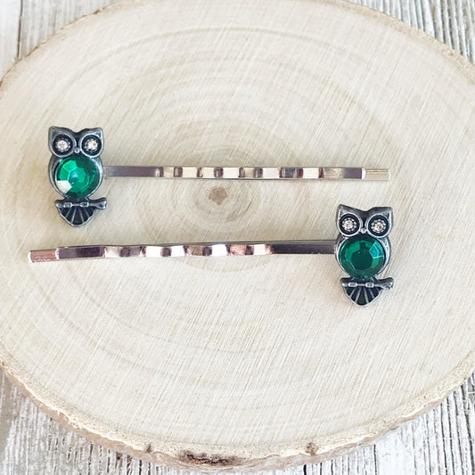 Green Rhinestone Owl Bobby Pins: Sparkling Owl Accents for Unique Hairstyles