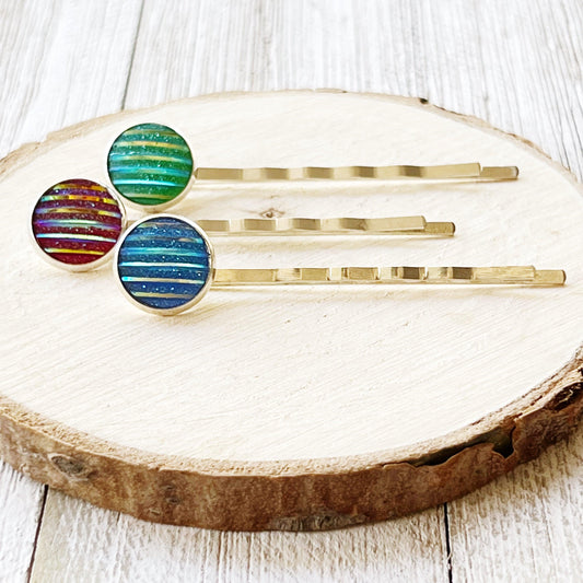 Green, Red, & Blue Striped Glitter Silver Hair Pins Set of 3- Sparkling & Colorful Hair Accessories