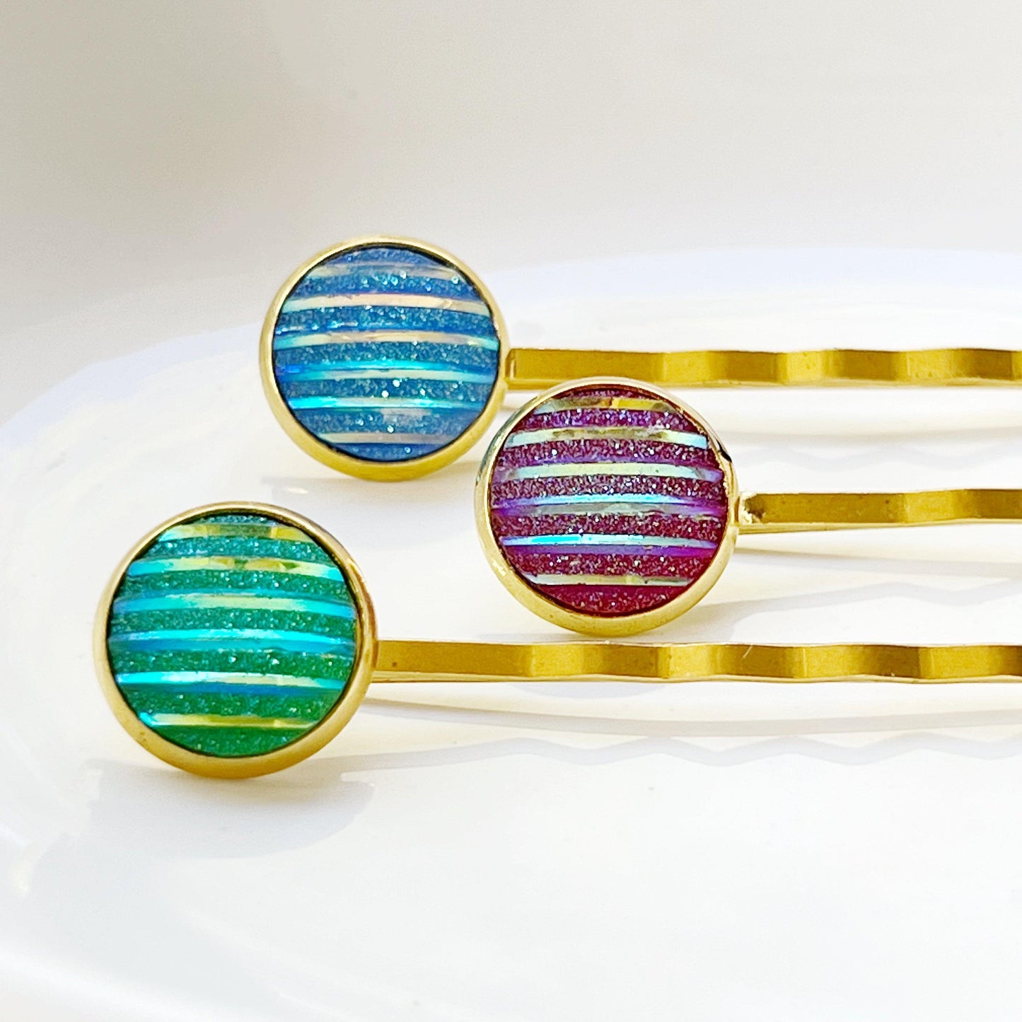 Green, Red, & Blue Striped Glitter Gold Hair Pins Set of 3- Sparkling & Colorful Hair Accessories