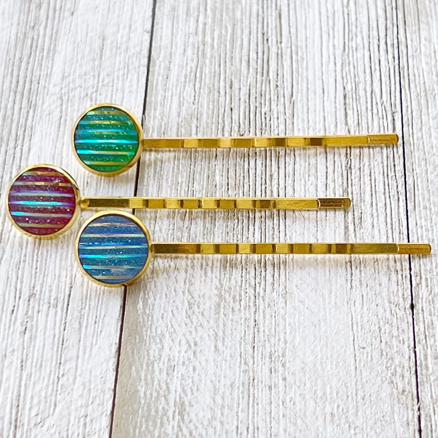 Green, Red, & Blue Striped Glitter Gold Hair Pins Set of 3- Sparkling & Colorful Hair Accessories