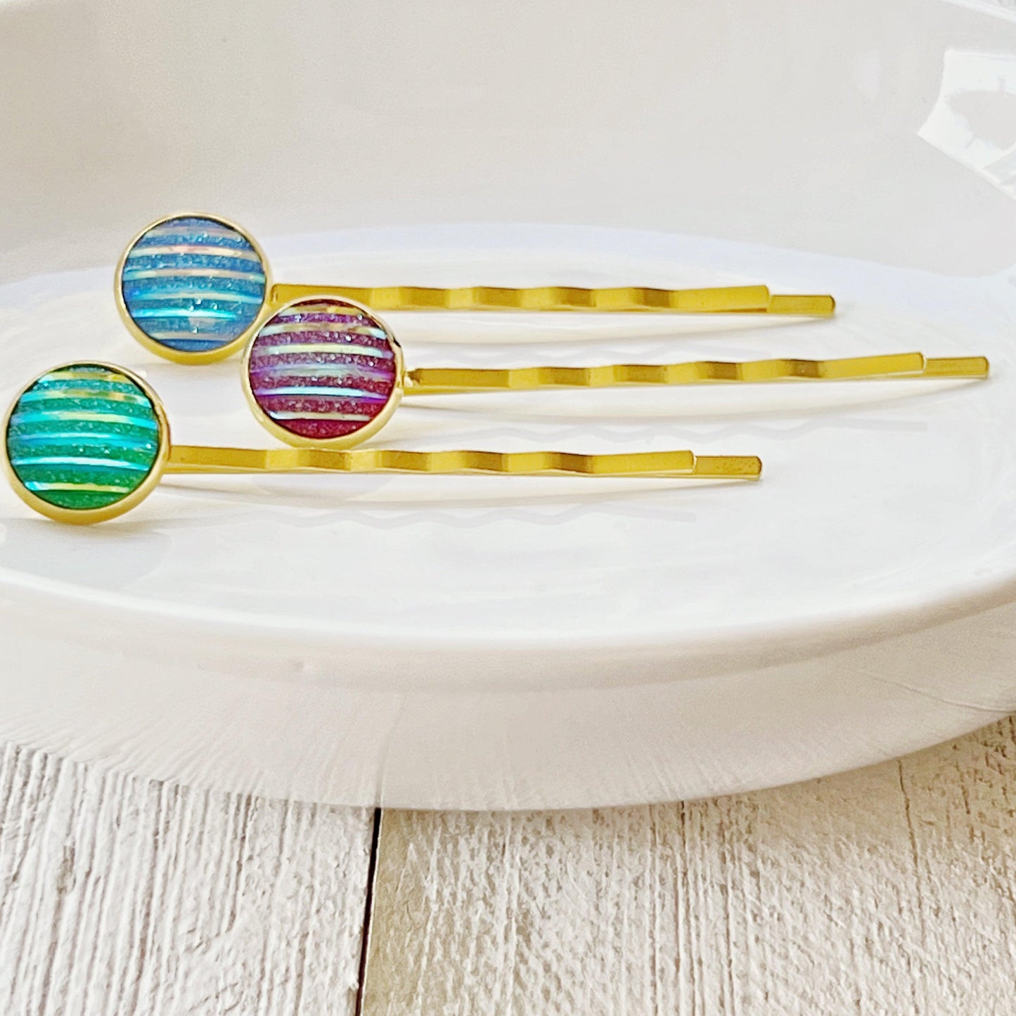 Green, Red, & Blue Striped Glitter Gold Hair Pins Set of 3- Sparkling & Colorful Hair Accessories