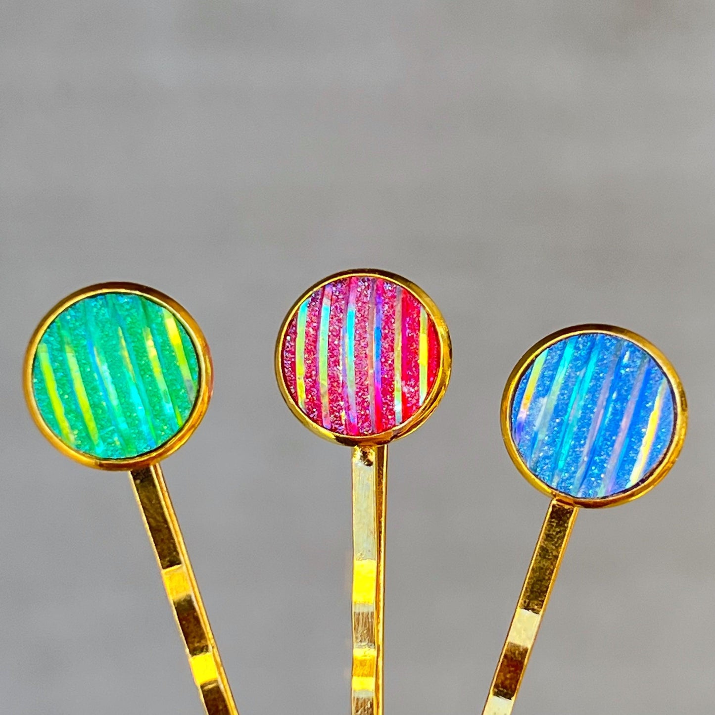 Green, Red, & Blue Striped Glitter Gold Hair Pins Set of 3- Sparkling & Colorful Hair Accessories
