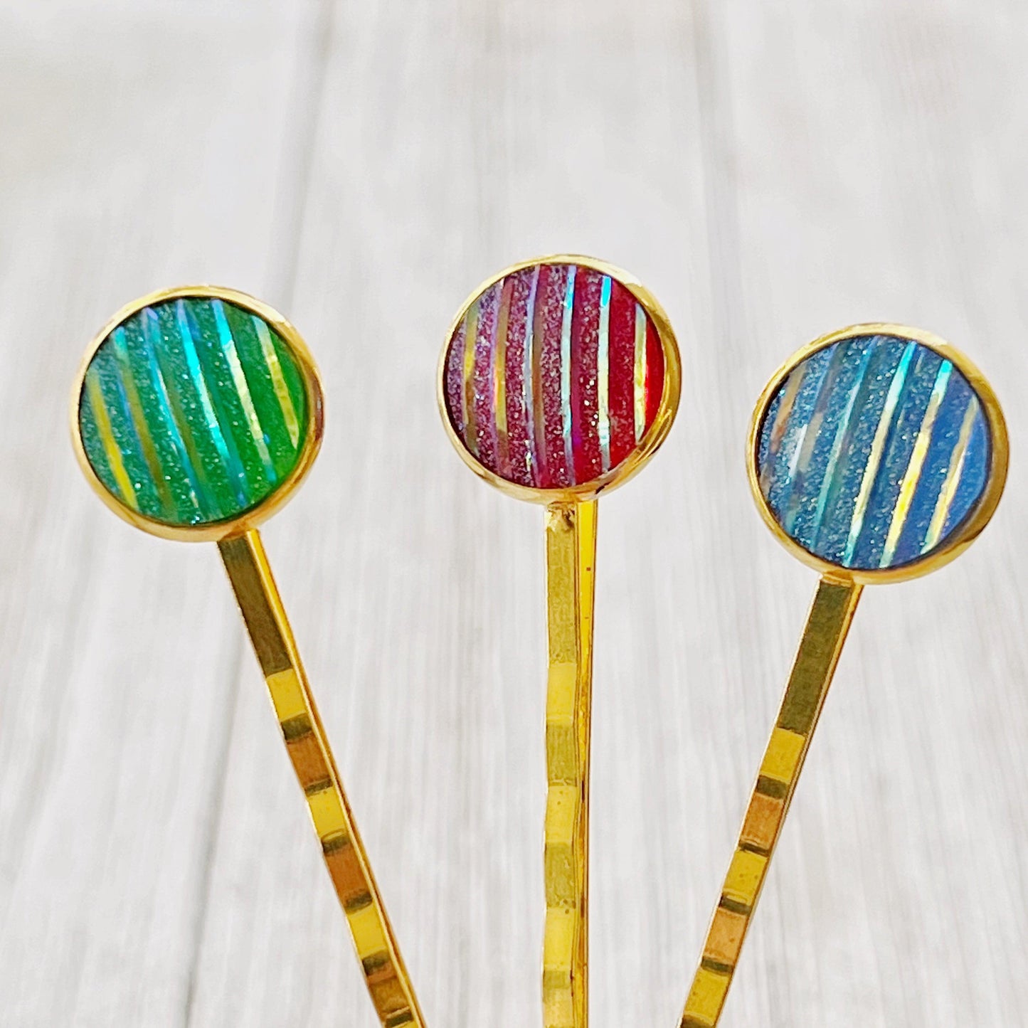 Green, Red, & Blue Striped Glitter Gold Hair Pins Set of 3- Sparkling & Colorful Hair Accessories