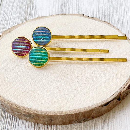 Green, Red, & Blue Striped Glitter Gold Hair Pins Set of 3- Sparkling & Colorful Hair Accessories