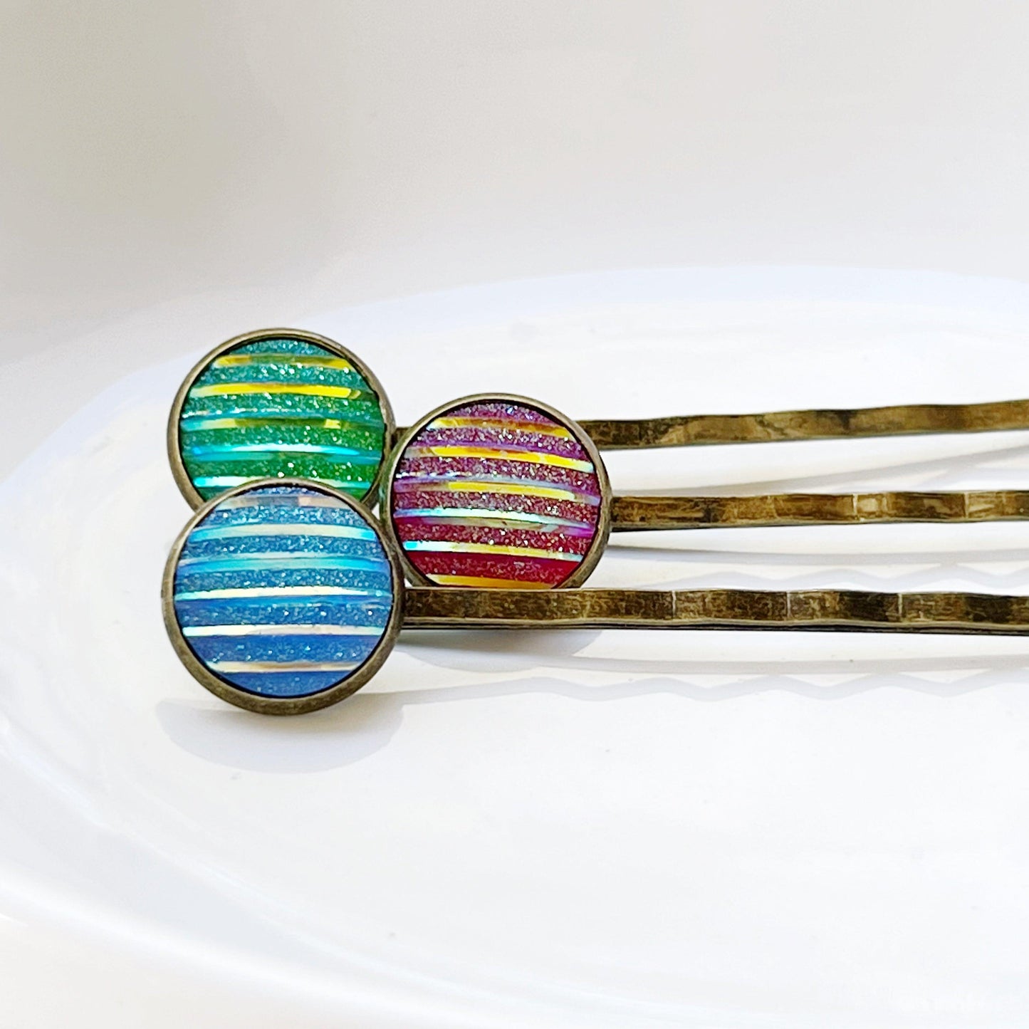 Green, Red, & Blue Striped Glitter Brass Hair Pins Set of 3- Sparkling & Colorful Hair Accessories