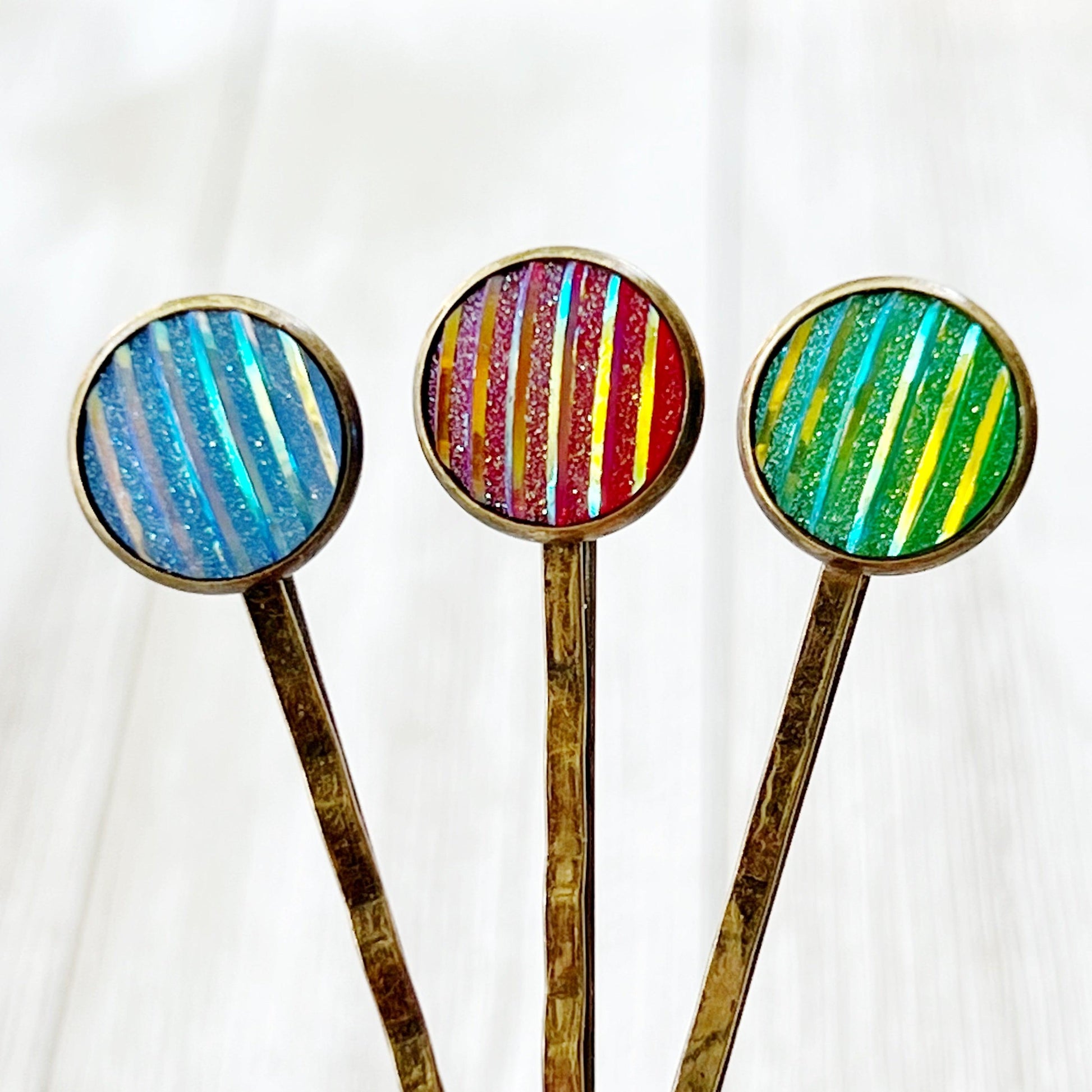 Green, Red, & Blue Striped Glitter Brass Hair Pins Set of 3- Sparkling & Colorful Hair Accessories