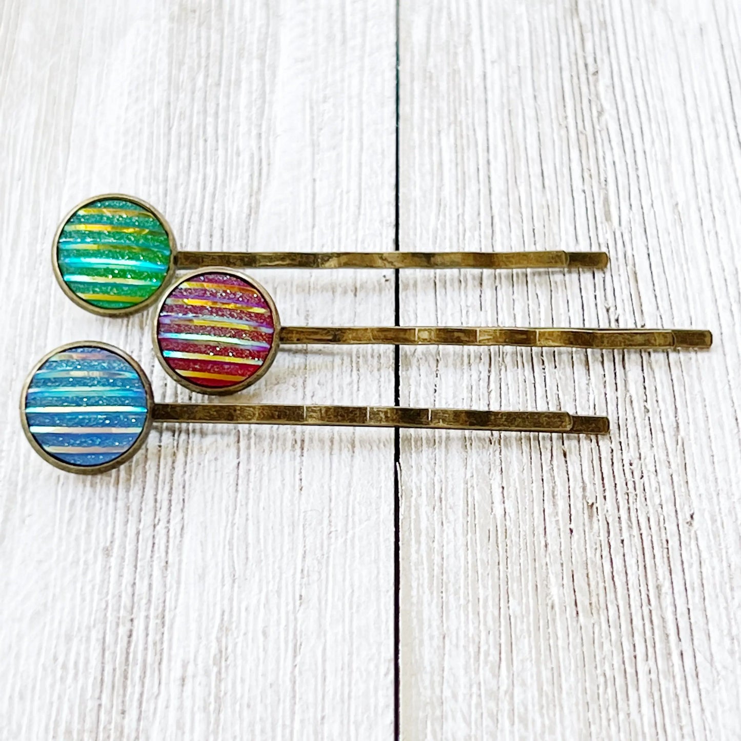 Green, Red, & Blue Striped Glitter Brass Hair Pins Set of 3- Sparkling & Colorful Hair Accessories
