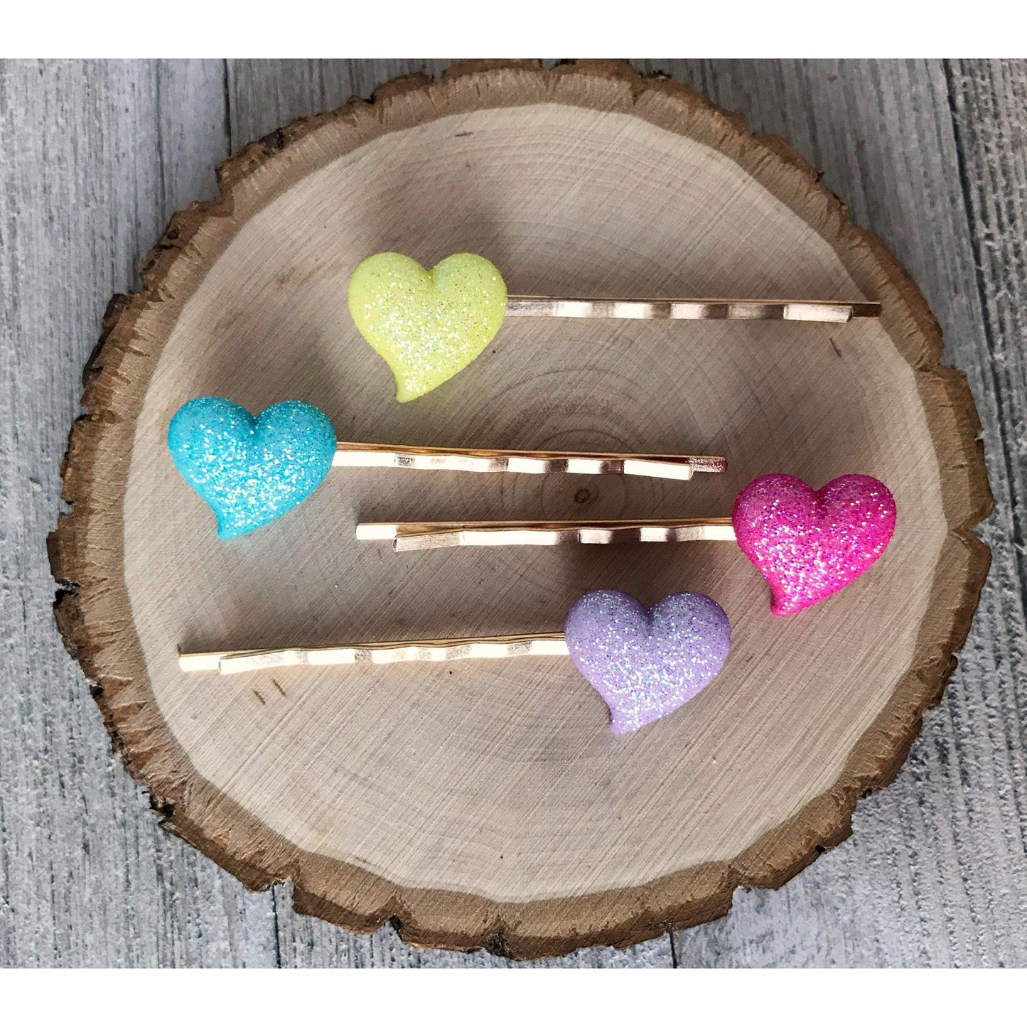 Pink, Purple, Yellow & Blue Glitter Heart Hair Pins - Sparkling & Colorful Hair Accessories