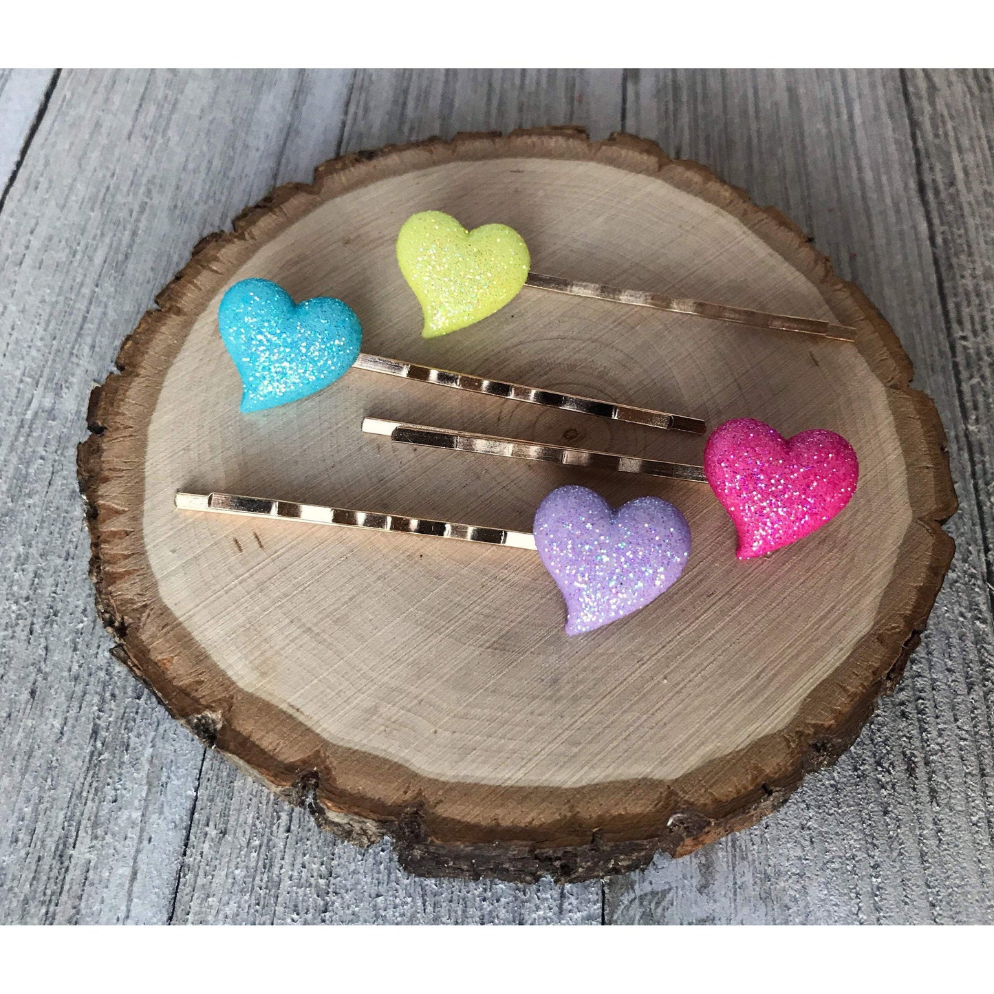 Pink, Purple, Yellow & Blue Glitter Heart Hair Pins - Sparkling & Colorful Hair Accessories