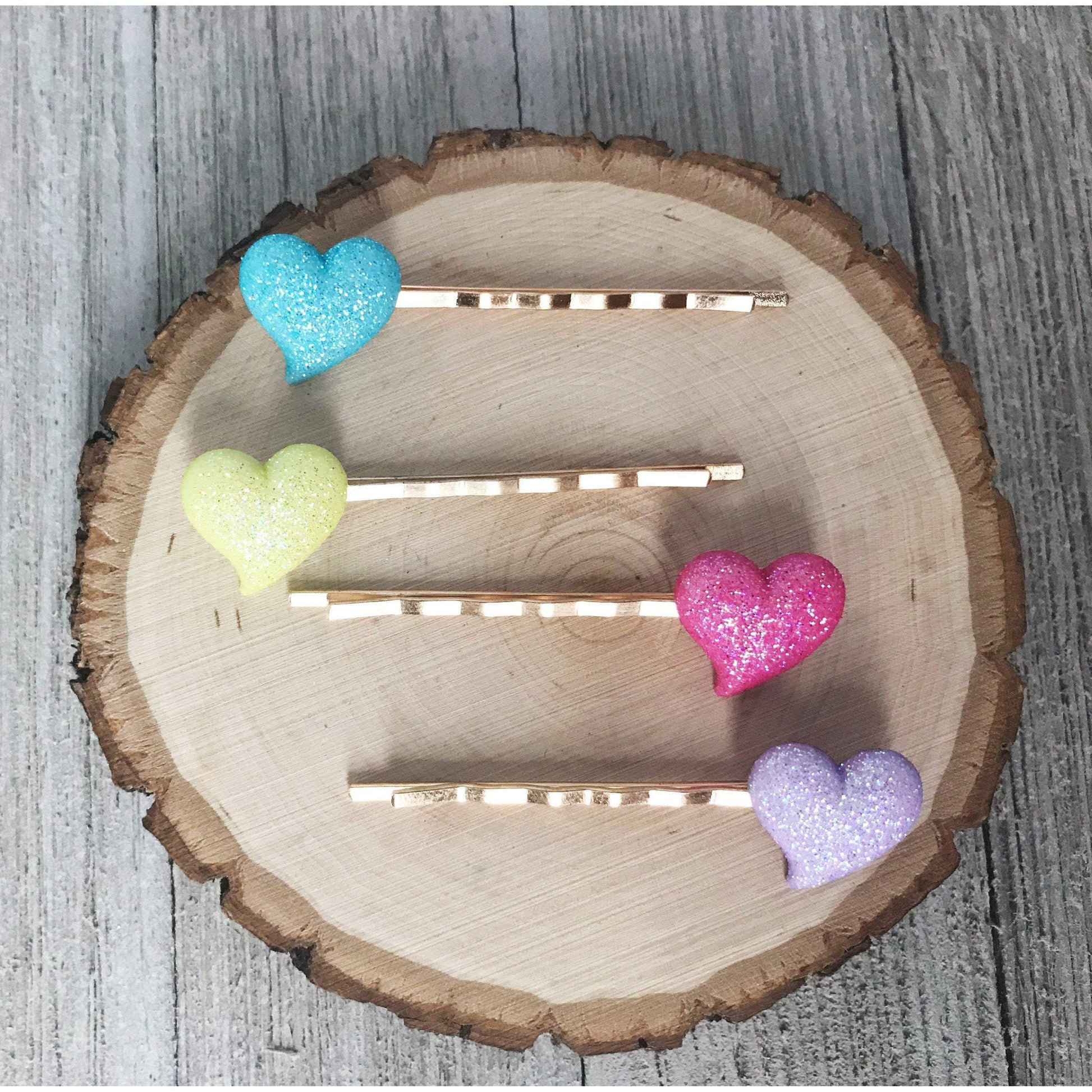 Pink, Purple, Yellow & Blue Glitter Heart Hair Pins - Sparkling & Colorful Hair Accessories