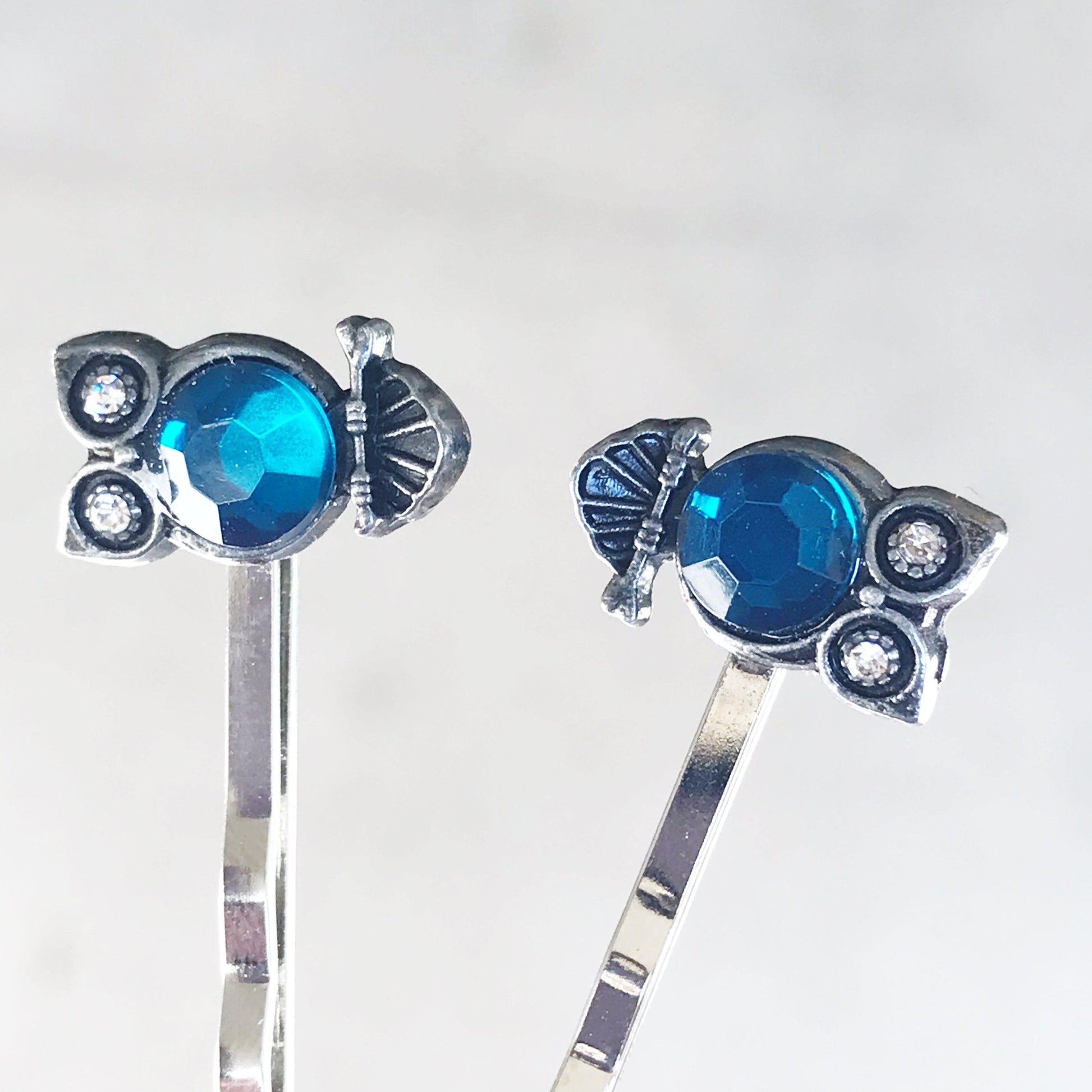Bright Blue Rhinestone Owl Bobby Pins: Sparkling Owl Accents for Unique Hairstyles