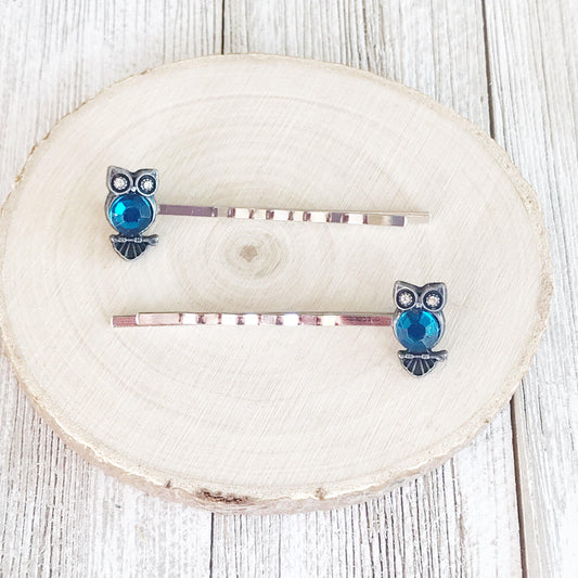 Bright Blue Rhinestone Owl Bobby Pins: Sparkling Owl Accents for Unique Hairstyles