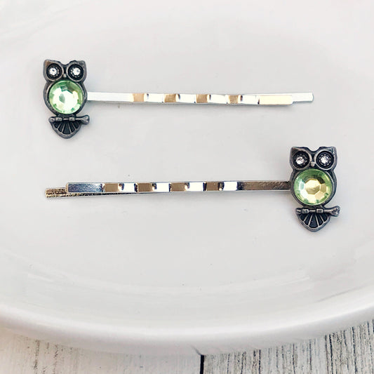 Light Green Rhinestone Owl Bobby Pins: Sparkling Owl Accents for Unique Hairstyles