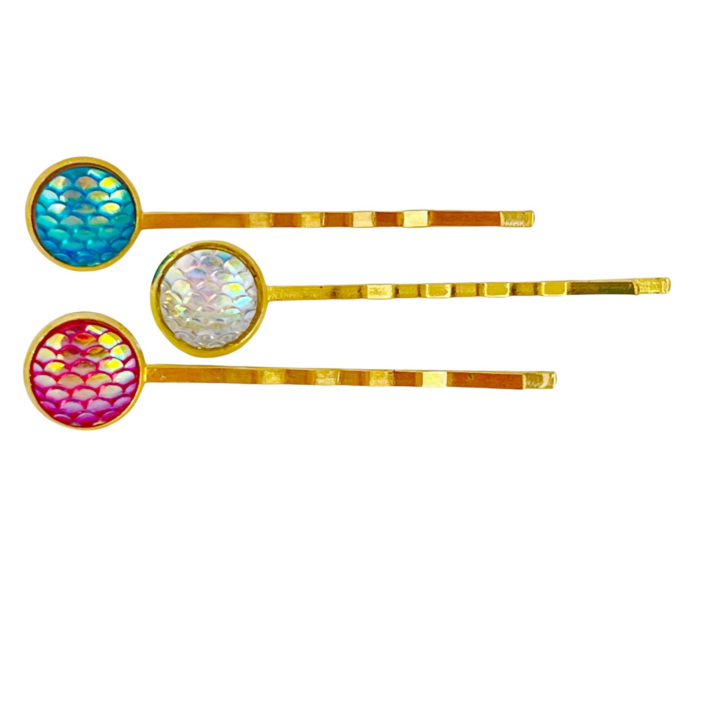 Gold Mermaid Hair Pins: Set of 3 in Pink, White, and Blue Colors for Enchanting Hairstyles