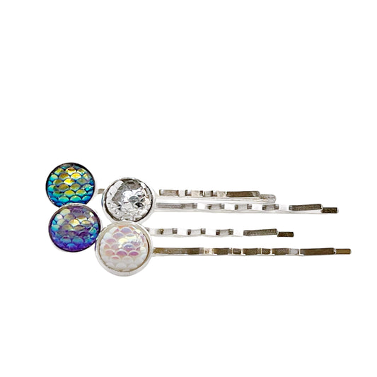 Silver Mermaid Hair Pins: Set of 4 in Purple, Silver, White, and Blue Colors for Enchanting Hairstyles