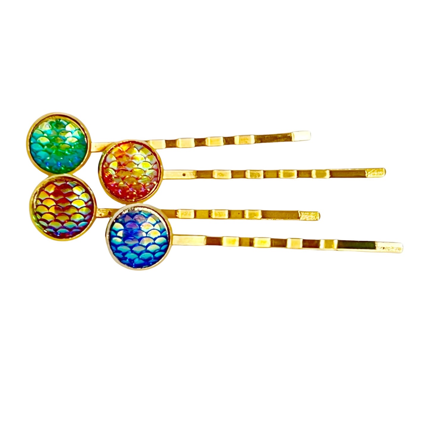 Gold Mermaid Hair Pins: Set of 4 in Purple, Green, Red, & Blue Colors for Enchanting Hairstyles