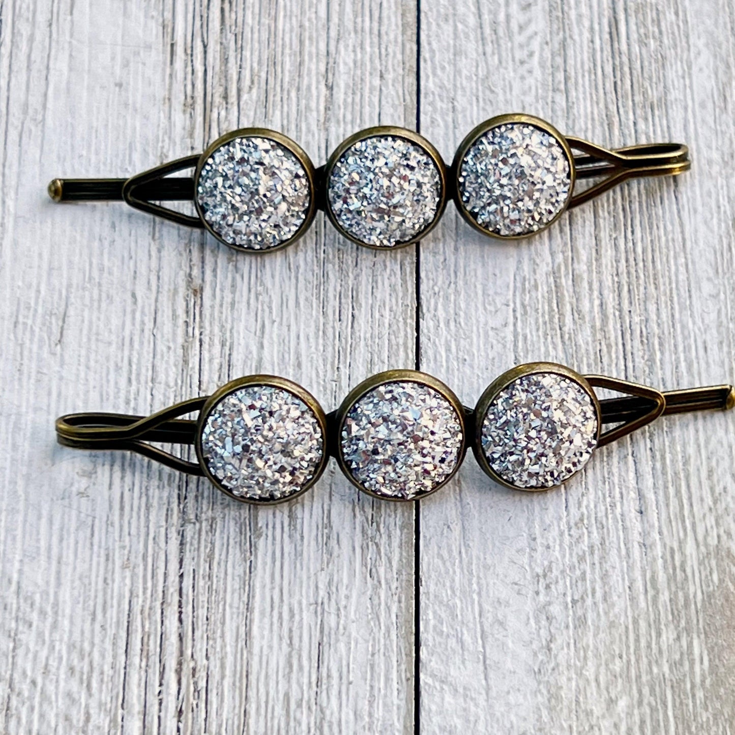Metallic Silver Druzy Brass Hair Pins - Stylish & Elegant Hair Accessories