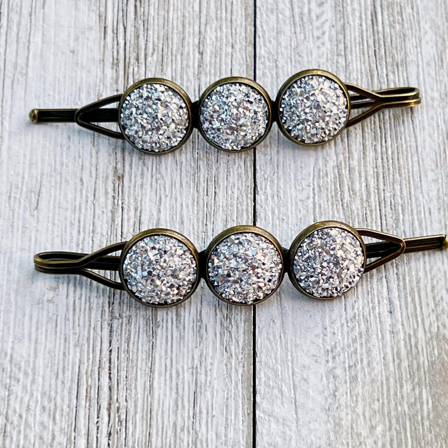 Metallic Silver Druzy Brass Hair Pins - Stylish & Elegant Hair Accessories