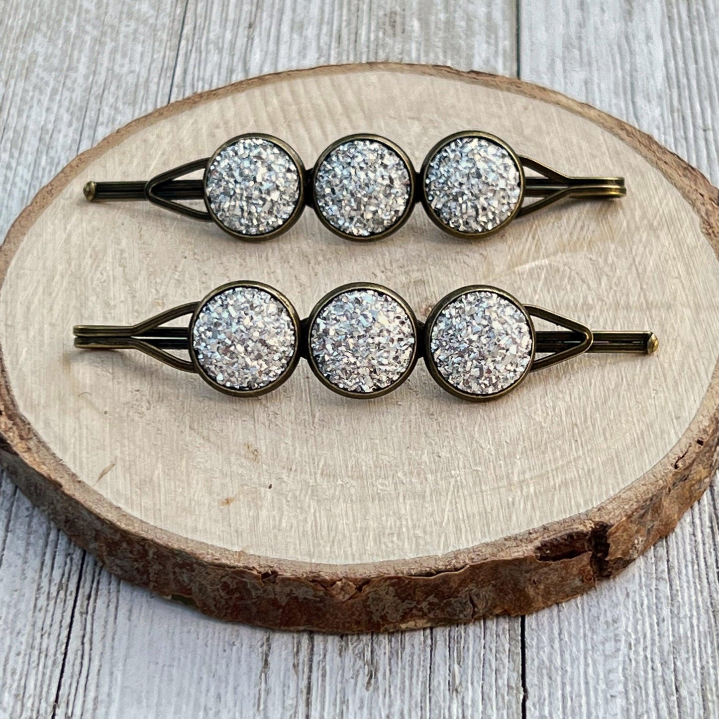 Metallic Silver Druzy Brass Hair Pins - Stylish & Elegant Hair Accessories