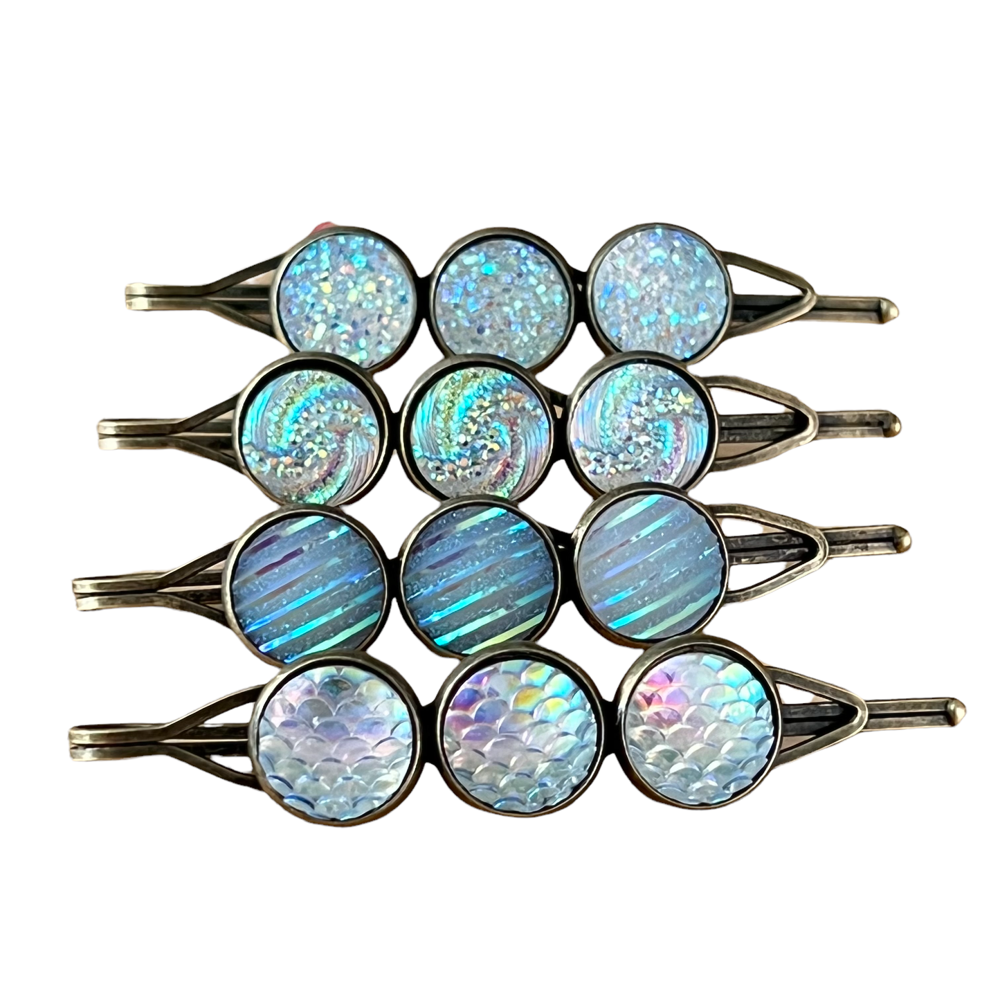 White Glitter Druzy Hair Pins: Set of 4 Stylish Accessories with Unique Patterns