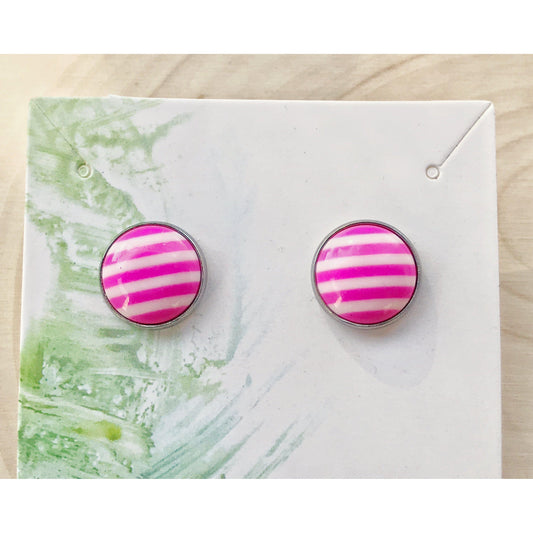 Pink & White Striped Silver Stud Earrings - Chic & Playful Accessories