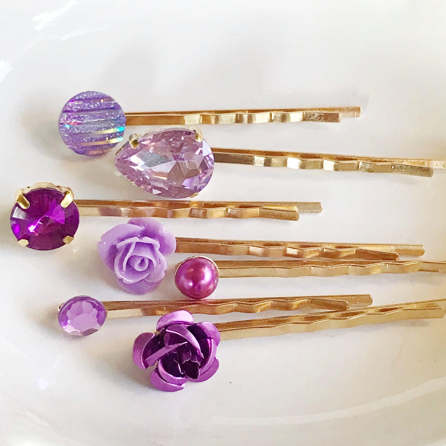 Purple & Gold Rhinestone Hair Pins - Elegant Floral Wedding Accessories