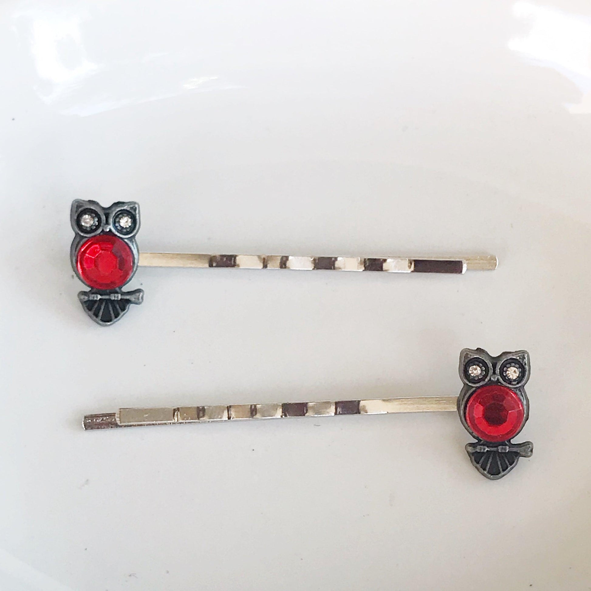 Red Rhinestone Owl Bobby Pins: Sparkling Owl Accents for Unique Hairstyles