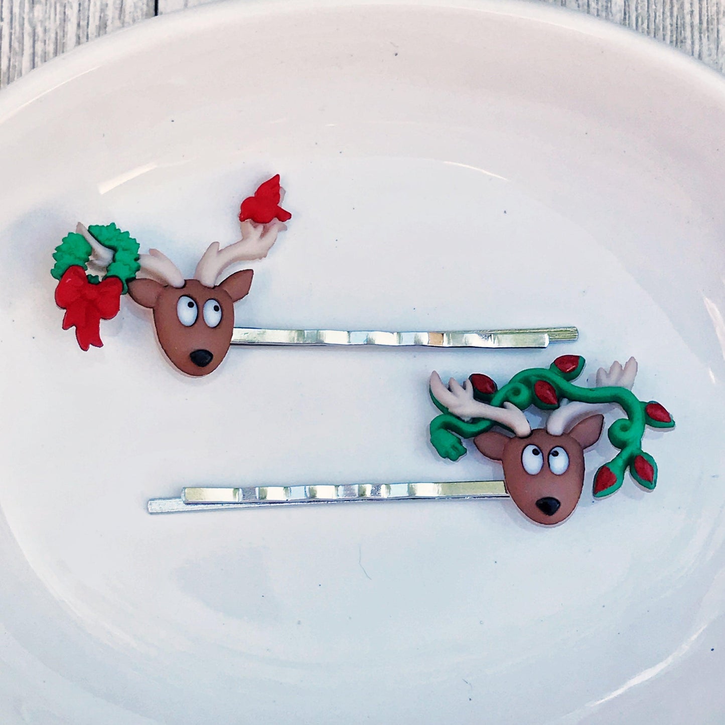 Reindeer with Wreath, Bird, & Light Strand Christmas Hair Pins: Whimsical Accessories for Festive Hairstyles