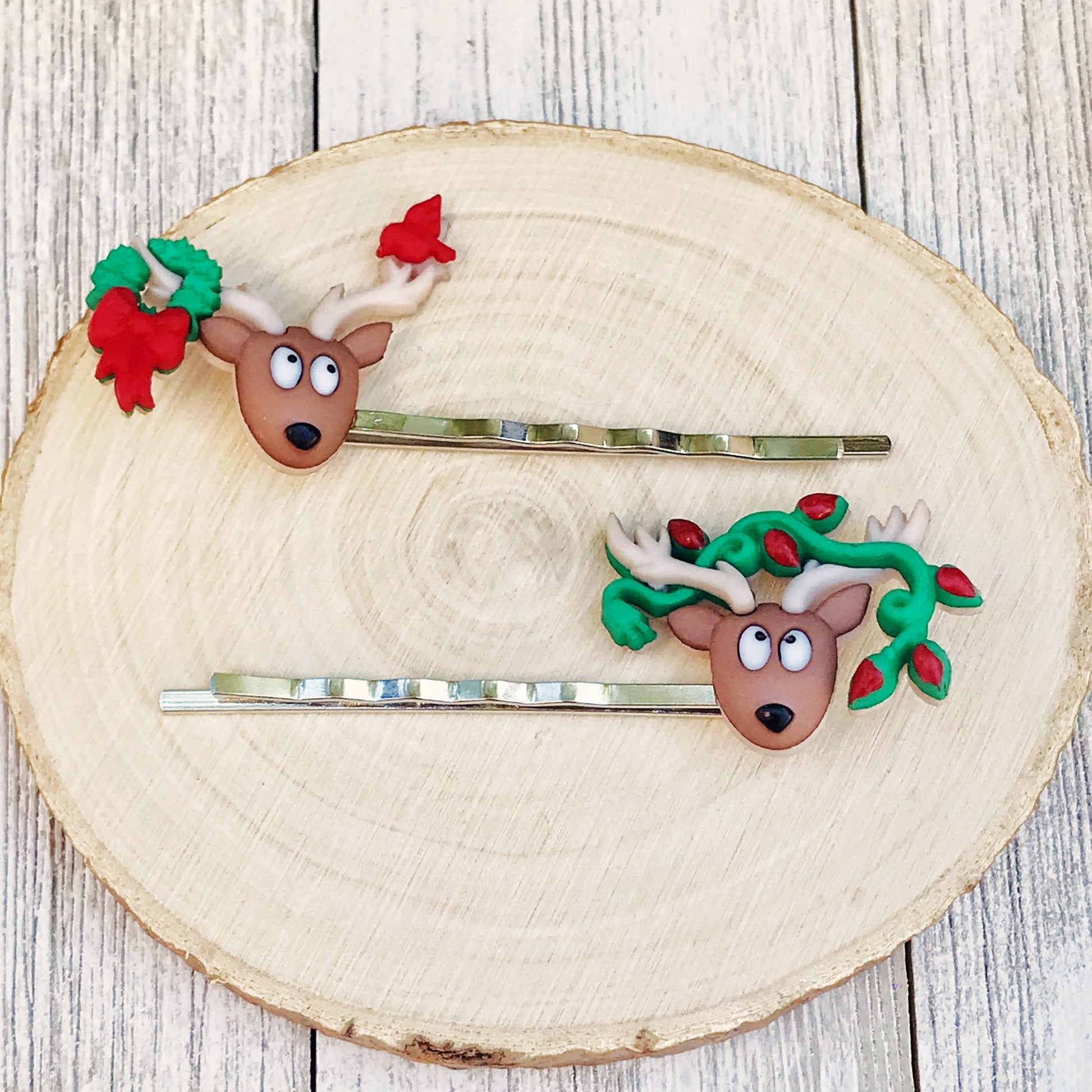 Reindeer with Wreath, Bird, & Light Strand Christmas Hair Pins: Whimsical Accessories for Festive Hairstyles