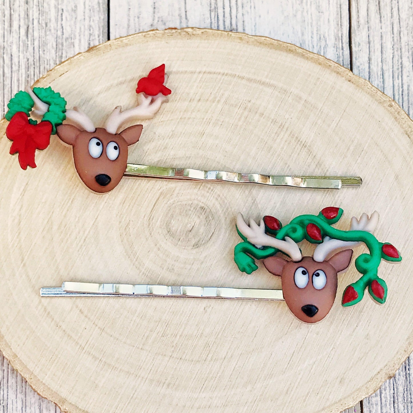 Reindeer with Wreath, Bird, & Light Strand Christmas Hair Pins: Whimsical Accessories for Festive Hairstyles