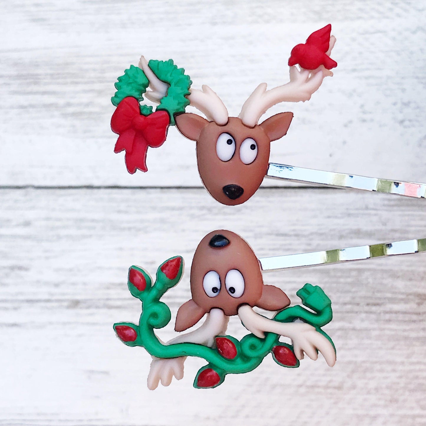 Reindeer with Wreath, Bird, & Light Strand Christmas Hair Pins: Whimsical Accessories for Festive Hairstyles