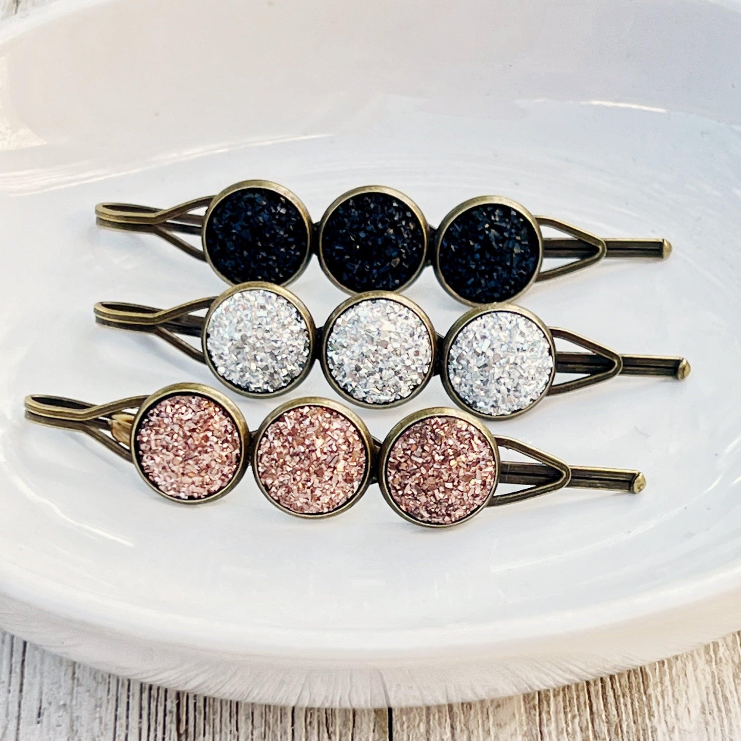 Set of 3 Druzy Hair Pins: Silver, Copper, and Black for Versatile Styling