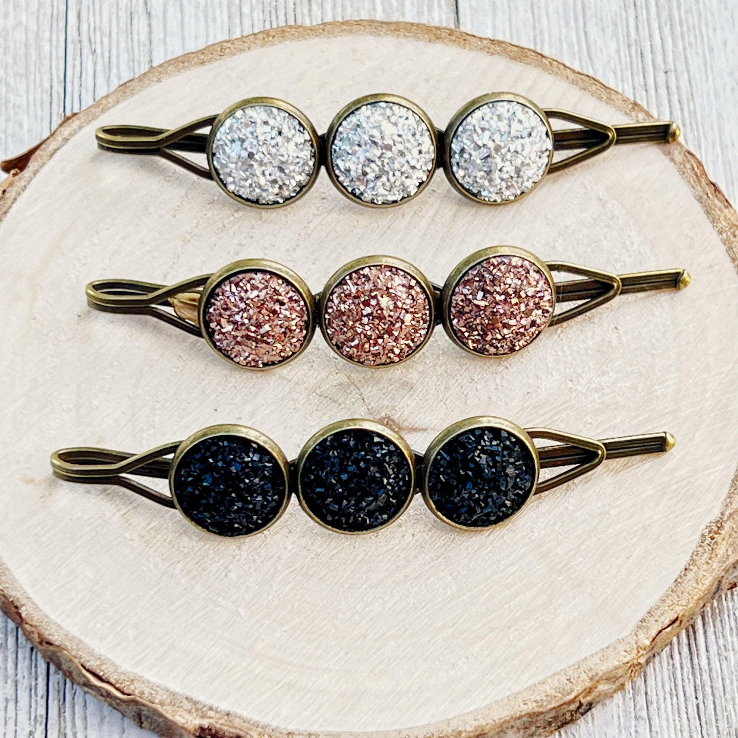 Set of 3 Druzy Hair Pins: Silver, Copper, and Black for Versatile Styling