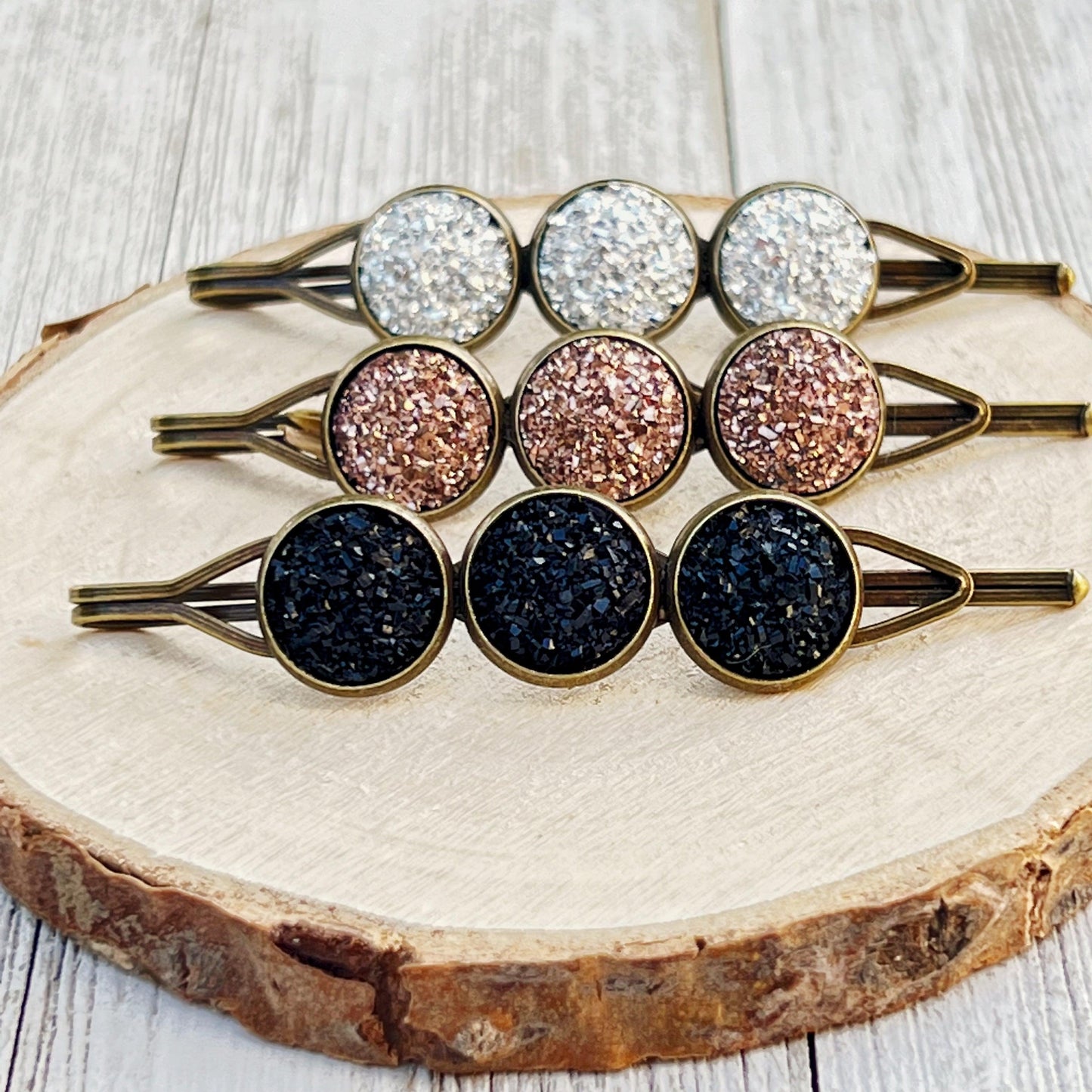 Set of 3 Druzy Hair Pins: Silver, Copper, and Black for Versatile Styling