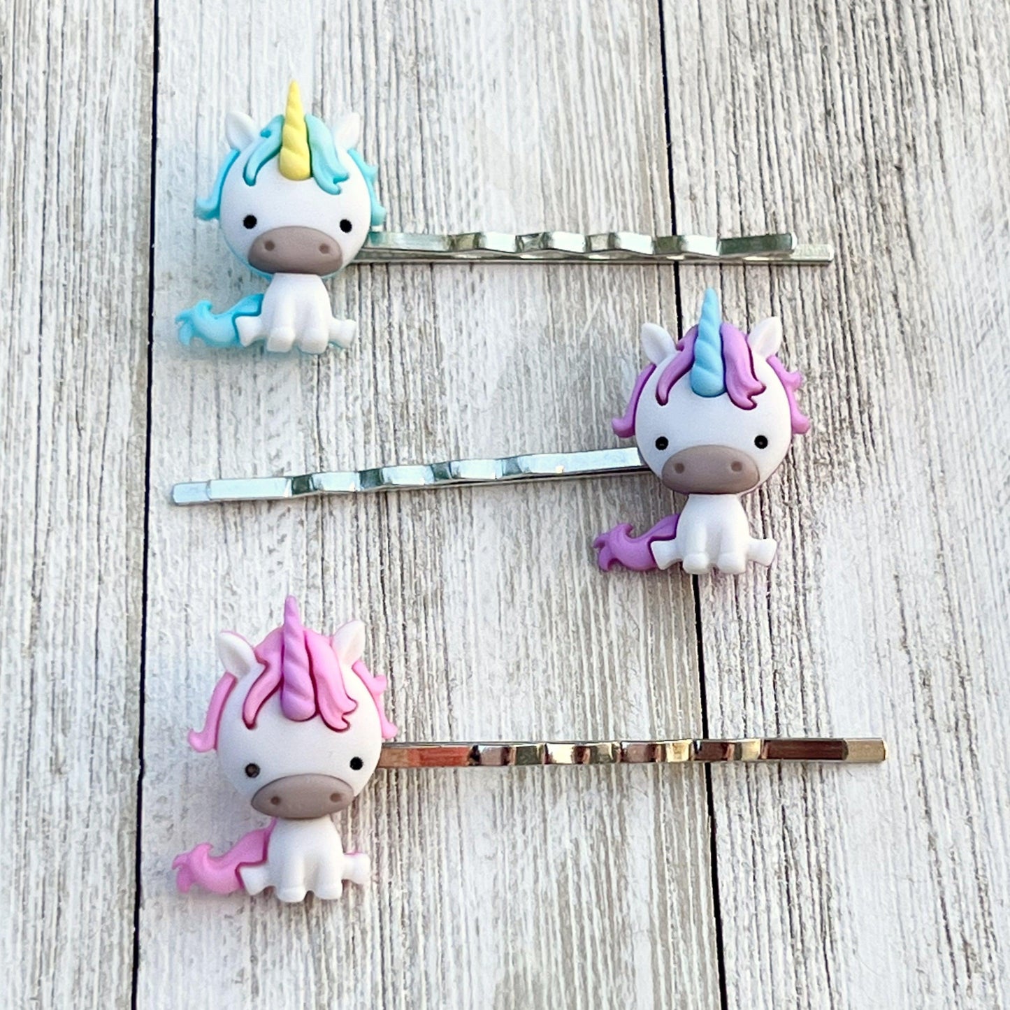 Unicorn Hair Pins Set: Whimsical Trio in Pink, Blue, & Purple for Enchanting Hairstyles