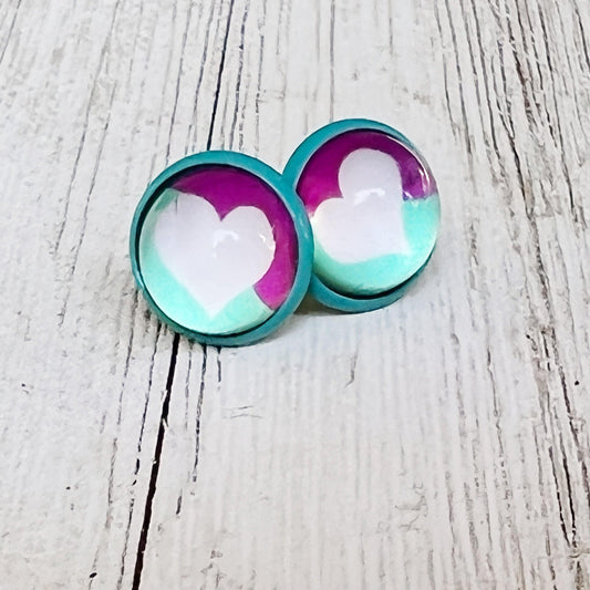 White Heart Blue & Purple Stud Earrings: Charming Accents for a Pop of Color & Style