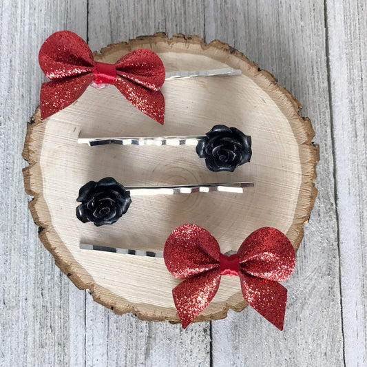 Black Rose and Red Bows Hair Pin Set - Romantic and Chic Hair Accessories