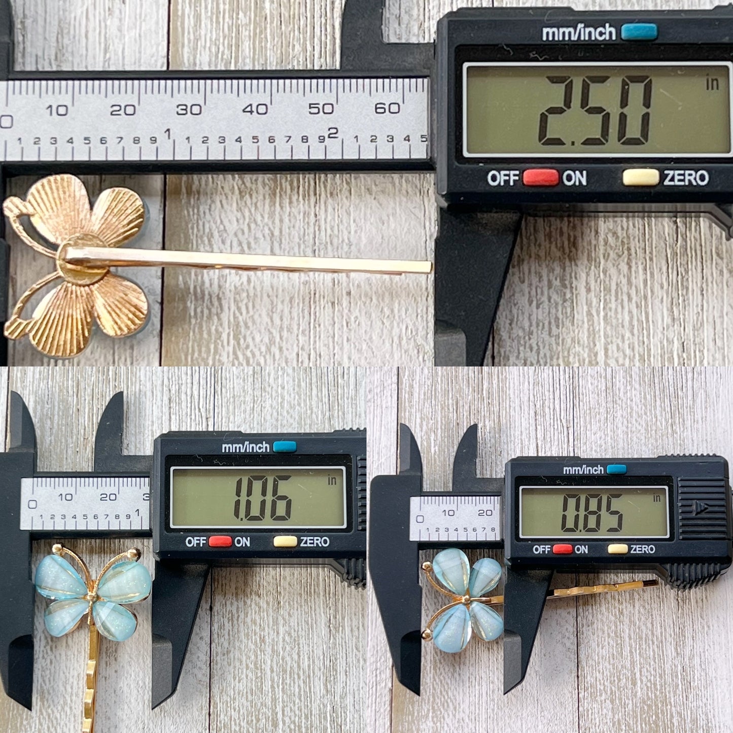 Measurement photo showing dimensions of blue butterfly hair pins