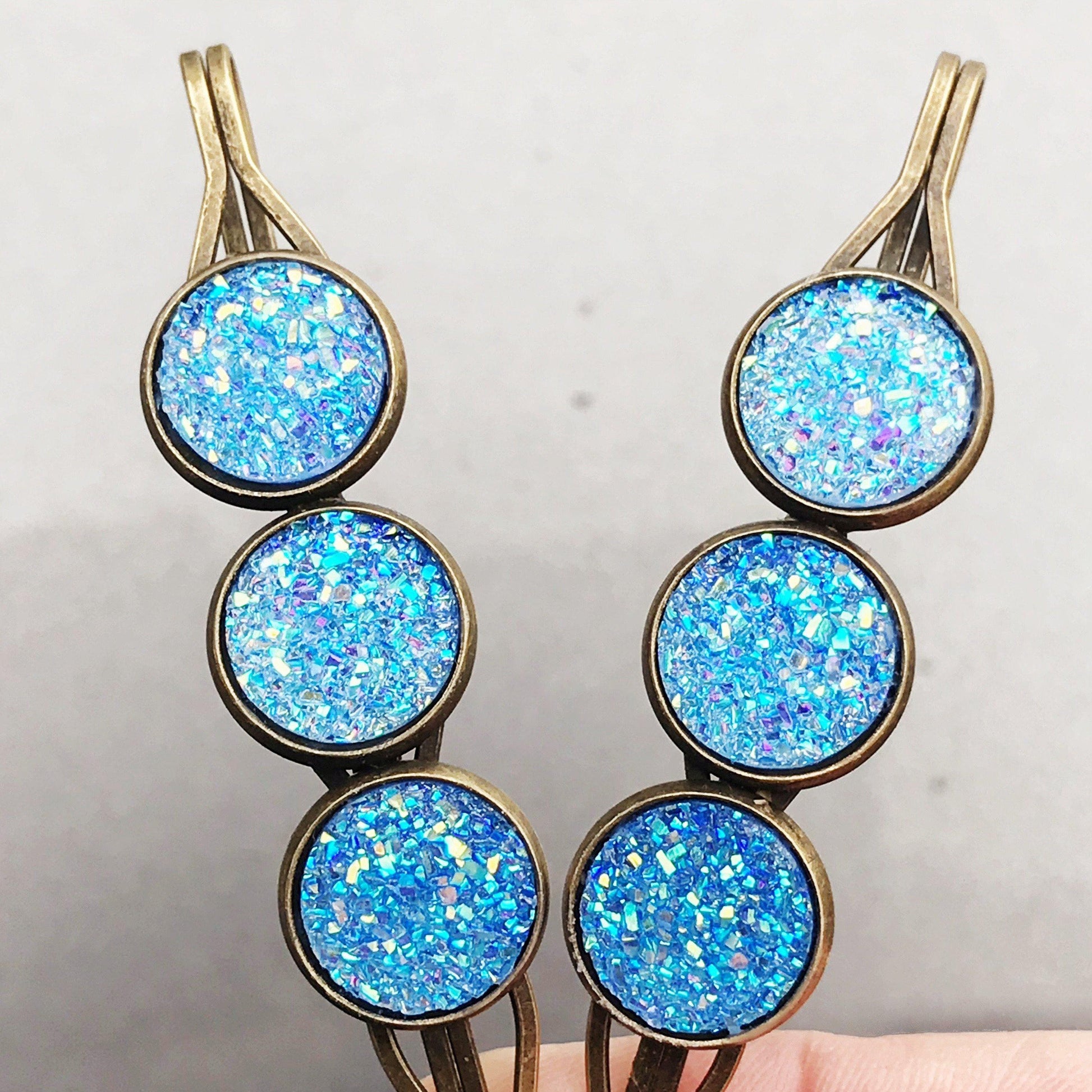 Blue Glitter Druzy Hair Pins - Sparkling & Stylish Hair Accessories