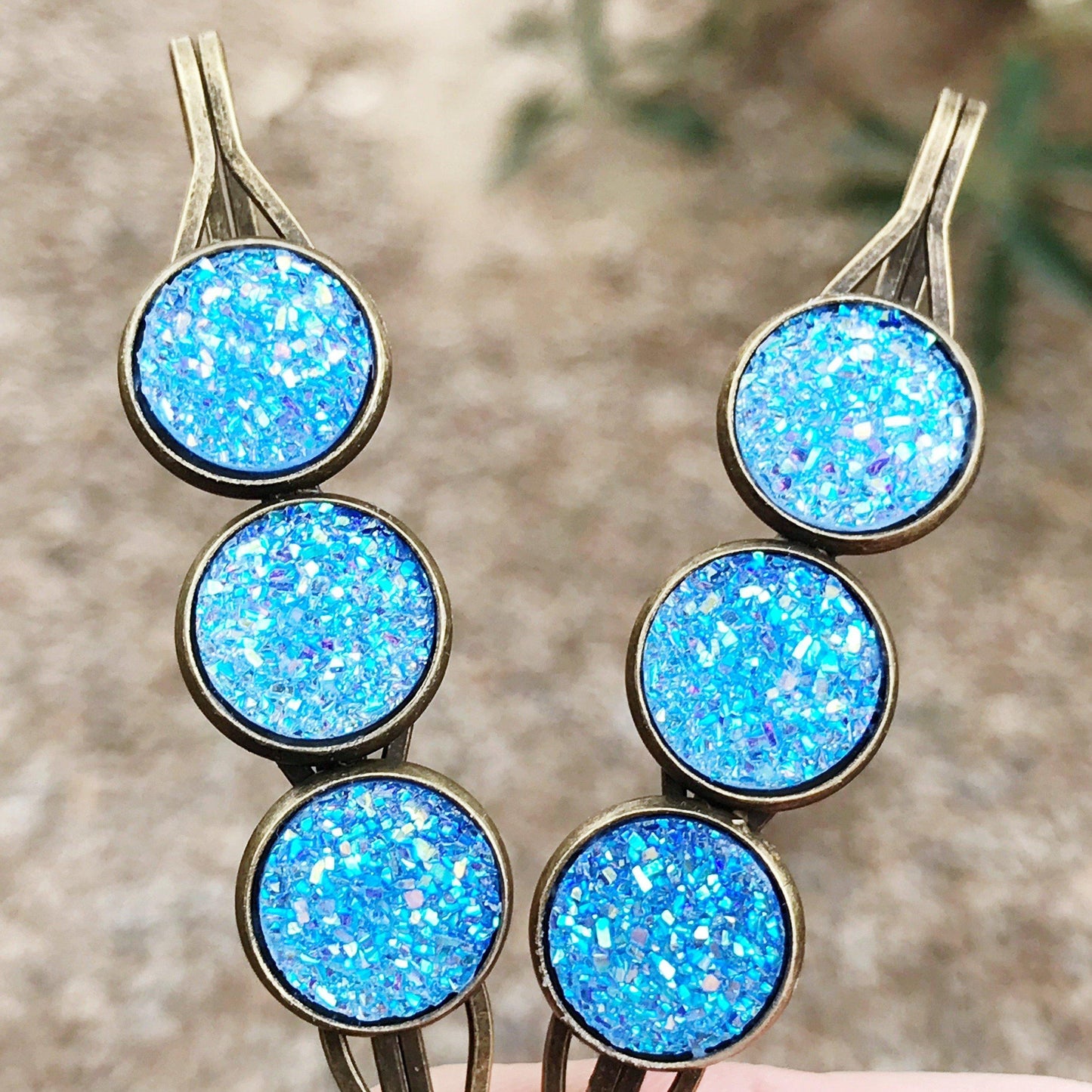 Blue Glitter Druzy Hair Pins - Sparkling & Stylish Hair Accessories
