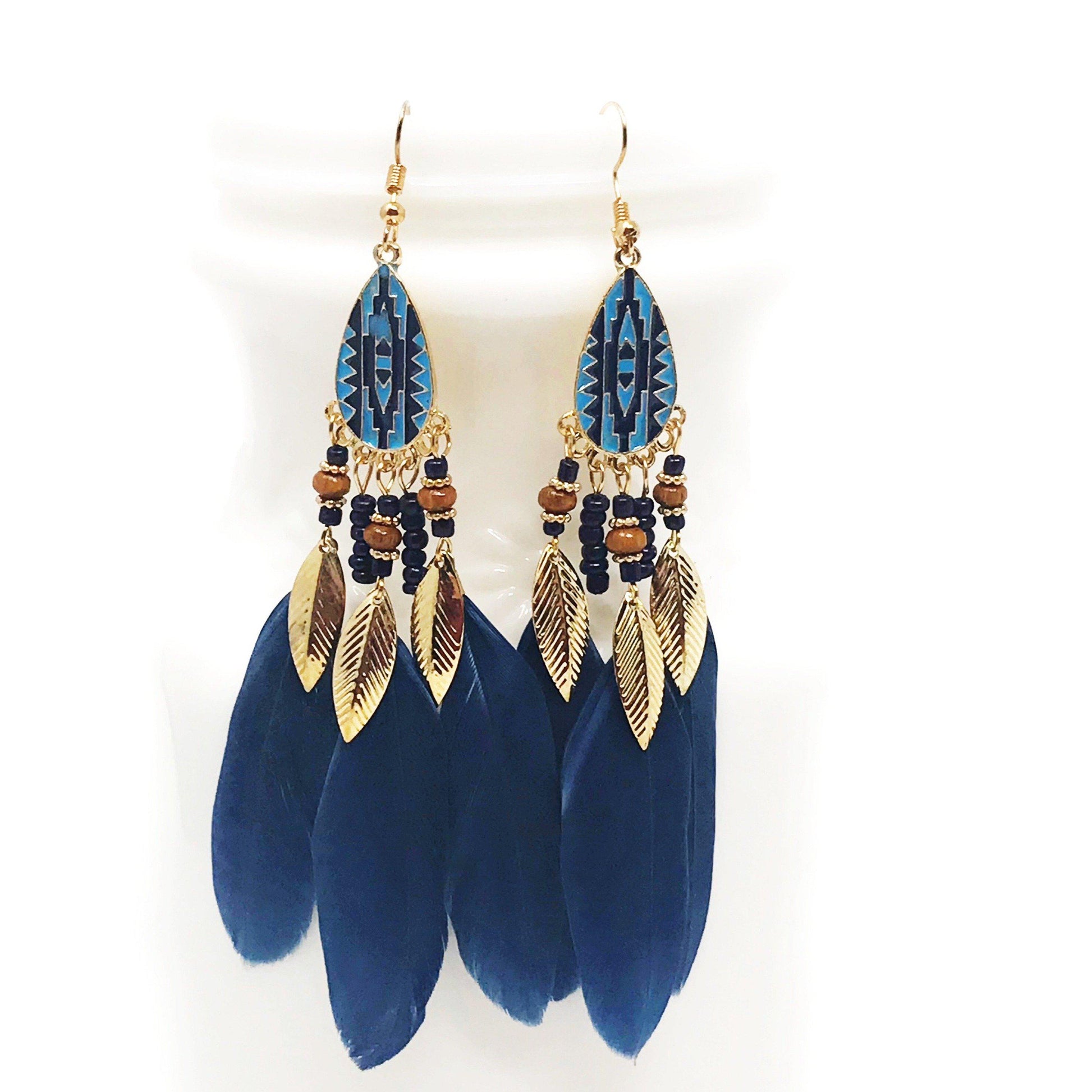 Blue Feather Dangle Earrings - Boho-inspired Chic Accessories