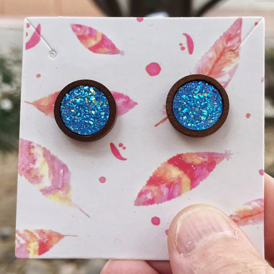 Blue Glitter Druzy Earrings - Boho Chic Studs with Natural Wood Accents | Statement Jewelry & Bridesmaid Gifts