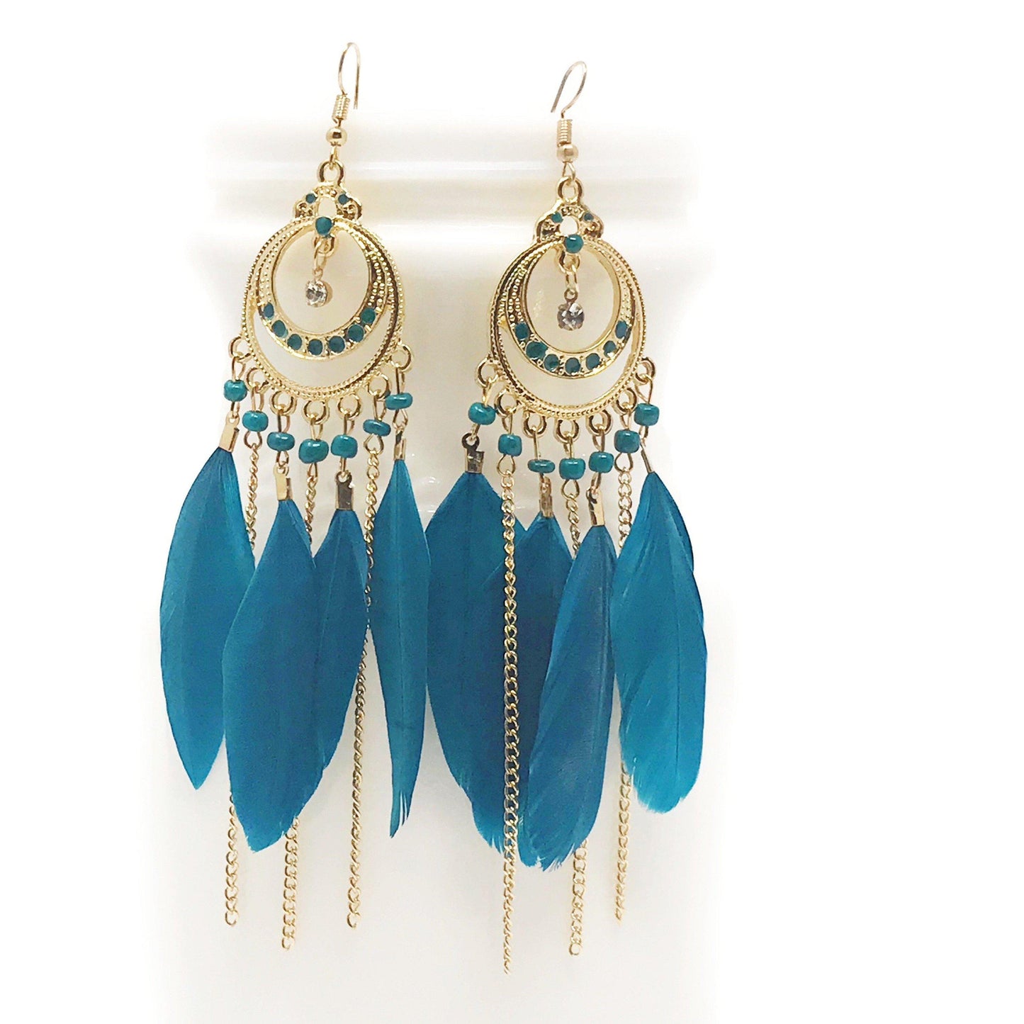 Blue Feather Dangle Earrings – Boho Chic Chain Jewelry