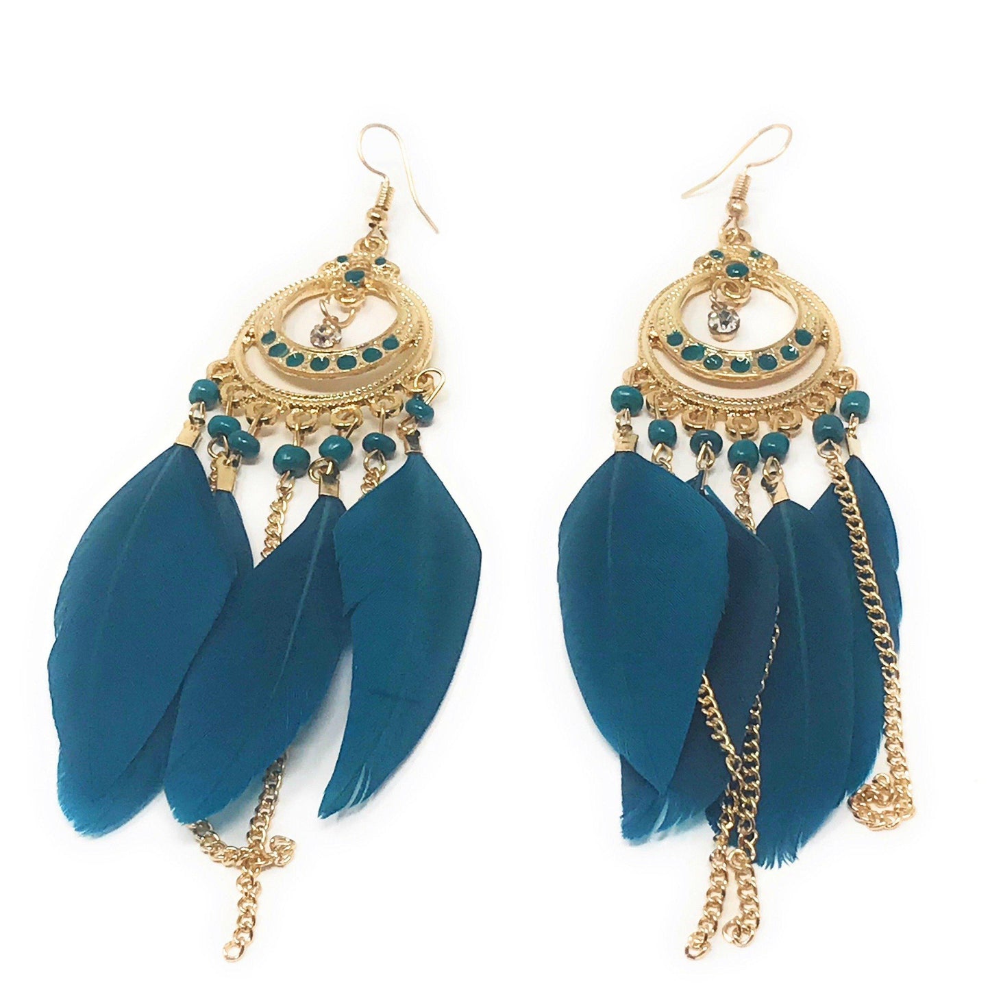 Blue Feather Dangle Earrings – Boho Chic Chain Jewelry