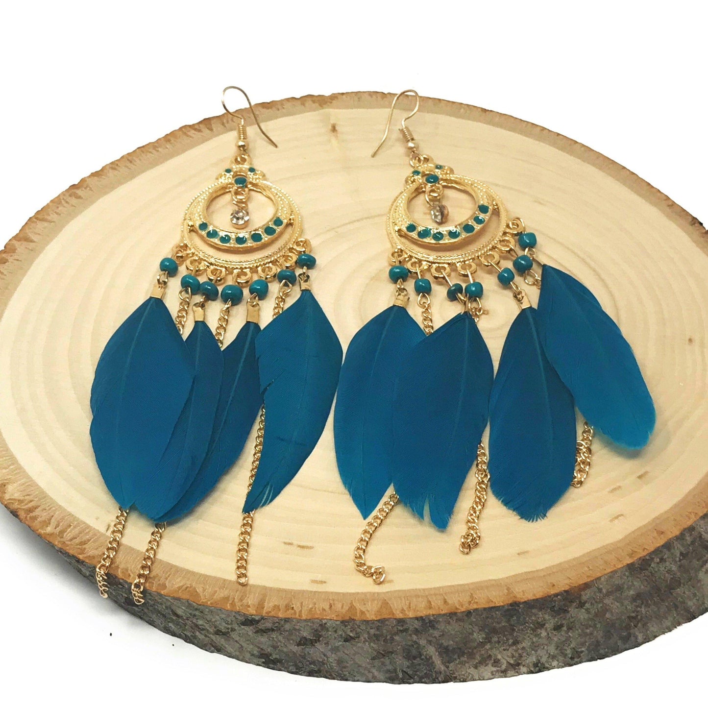 Blue Feather Dangle Earrings – Boho Chic Chain Jewelry