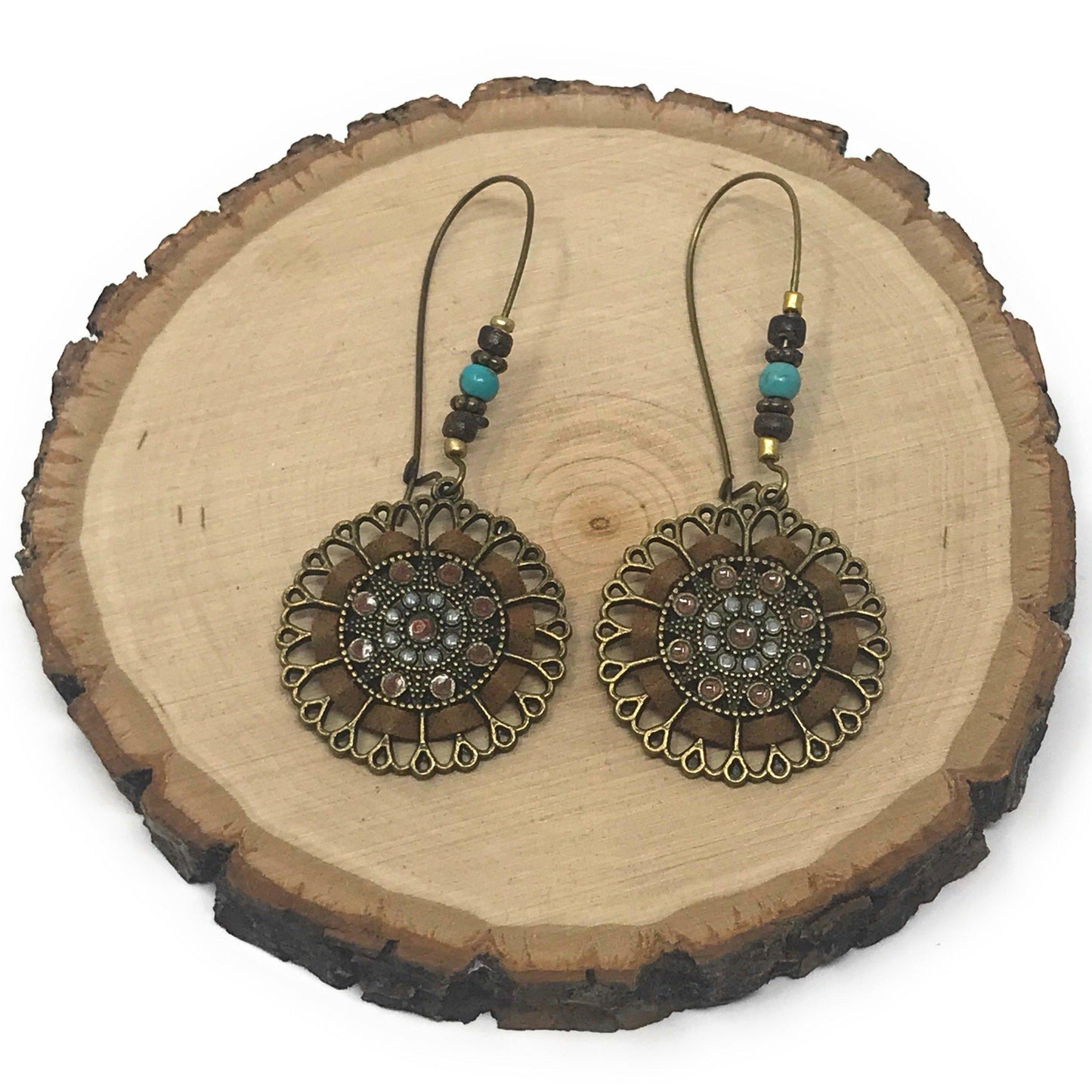 Boho Floral Filigree Earrings – Brass, Bead & Suede Dangle Jewelry
