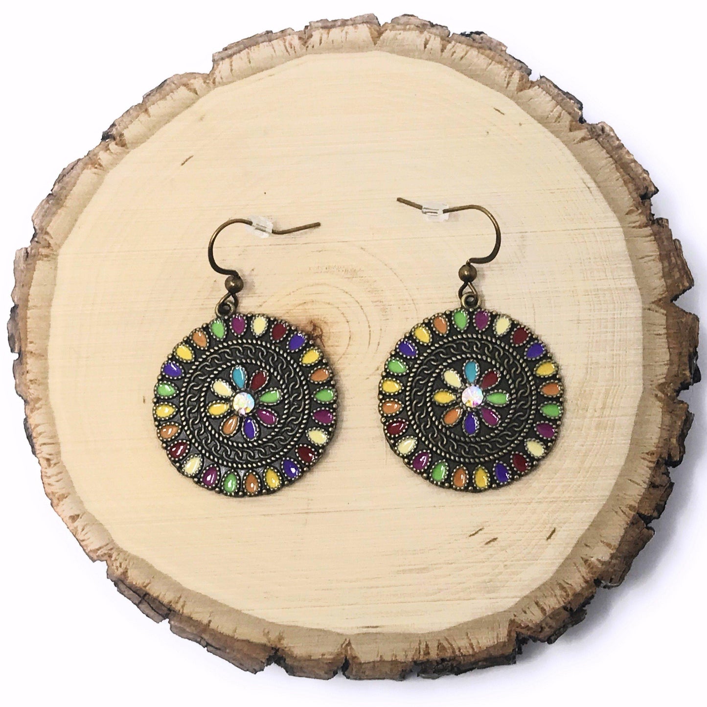 Colorful Round Floral Dangle Earrings with Rhinestone Accents - Stylish & Sparkling Accessories